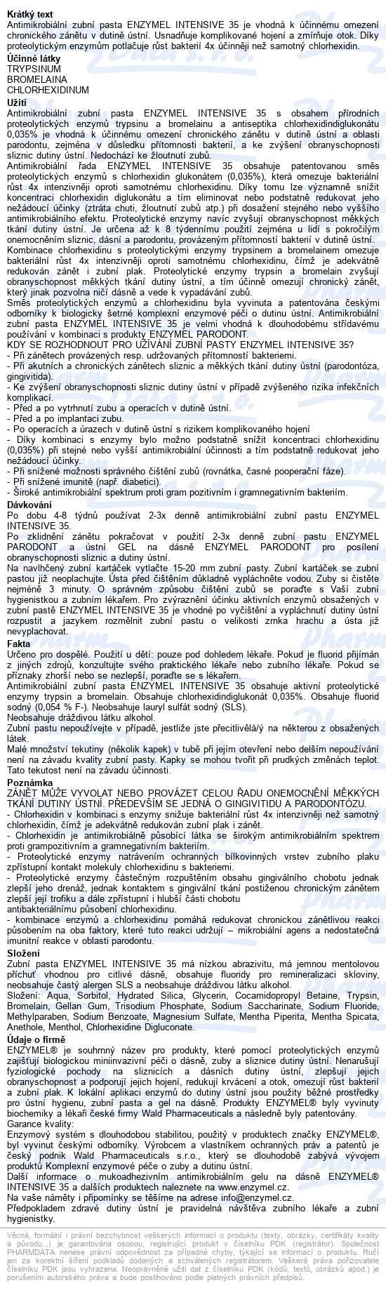 Enzymel Intensive 35 Antimikrob.zubní Pasta 75ml - popis