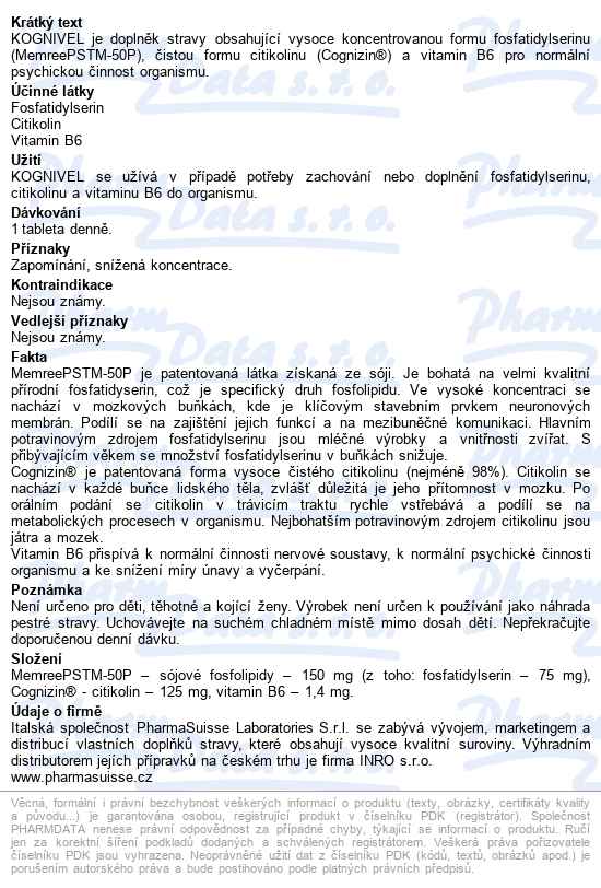 Kognivel Pharmasuisse Tbl.20 - popis