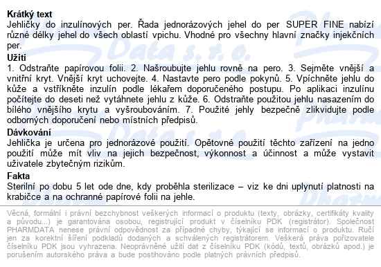 Jehly Pro Inzulínová Pera super fine, 8mm 30g, 100ks - popis