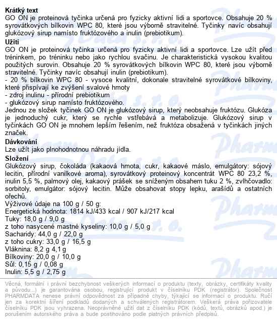 Go On Proteinová Tyčinka Kakao 50g - popis