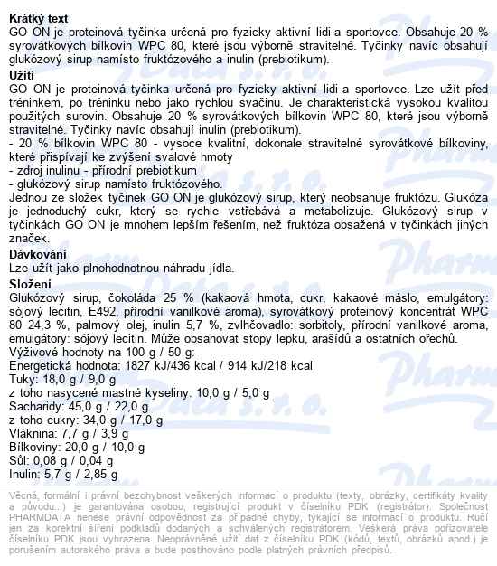 Go On Proteinová Tyčinka Vanilka 50g - popis