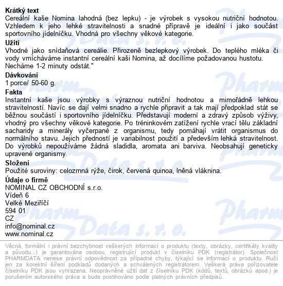 Nomina Cereální Kaše Lahodná Bez Lepku 300g - popis
