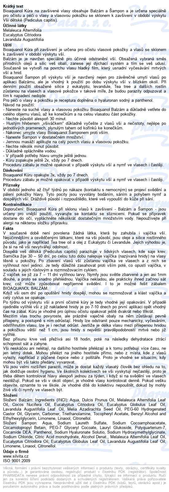 Bioaquanol Kúra - Vši šamp.250ml+balz.250ml+hřeben - popis