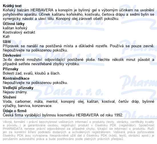 Koňský Balzám Konopí-kašt-kostival Herbavera 200ml - popis
