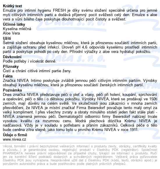 Nivea Fresh Emulze Pro Intimní Hyg.250ml 80715 - popis