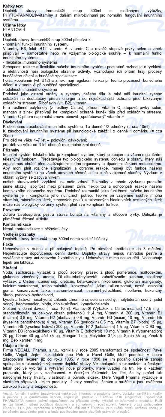 Immun44 Sirup 300ml - popis