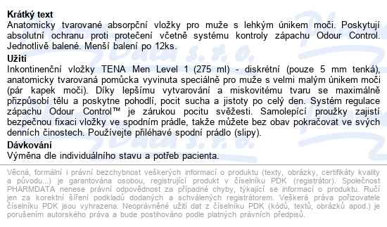 Tena Men Level 1 Ink.vložky 12ks 750661 - popis