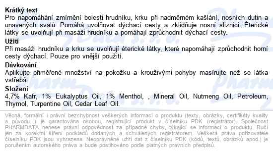 Vaporizing Rub Menthol Gel - Prsní Balzám 150ml - popis