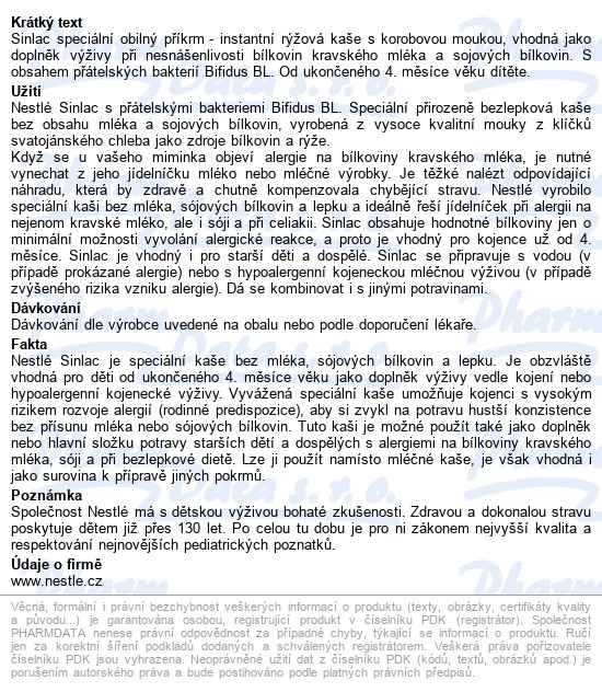 Nestlé Sinlac Kaše 500g 4m+ - popis