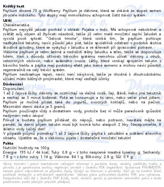 Psyllium drcené 75g Wolfberry - popis
