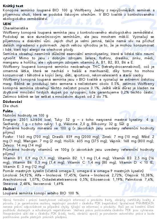 Konopí semínka loupaná BIO 100g Wolfberry - popis