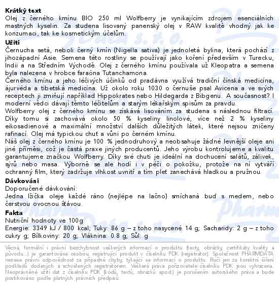 Olej z černého kmínu BIO 250ml Wolfberry - popis