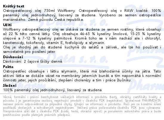 Ostropestřecový olej 750ml Wolfberry - popis