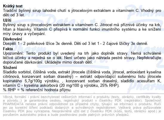 Jitrocel Bylinný Sirup Bez Cukru Diavita 225g - popis