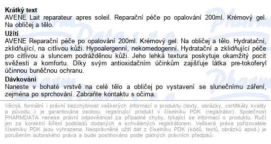 Avene Sun Reparační Péče Po Opalování 200ml - popis