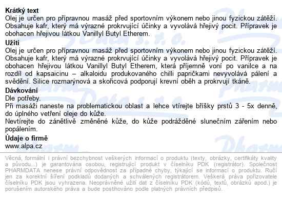 Alpa Sportstar Masážní Olej Hřejivý 500ml - popis