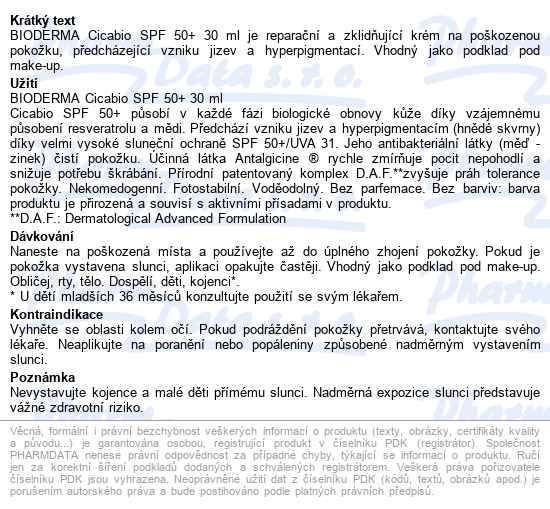 Bioderma Cicabio Krém Spf50+ 30ml - popis