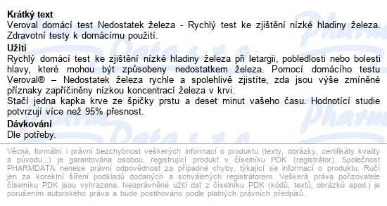 Veroval Nedostatek železa Domácí Test - popis