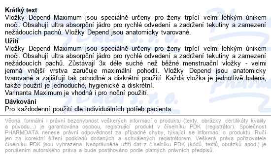 Vložky Depend Maximum 900ml, 6ks - popis