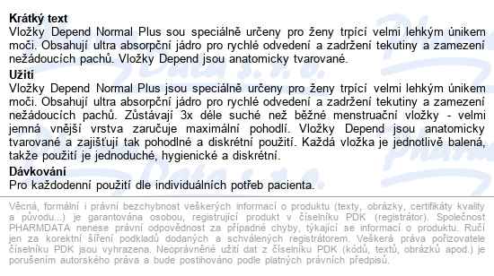 Vložky Depend Normal Plus 350ml, 12ks - popis