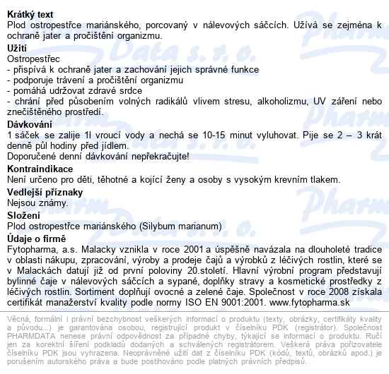 Ostropestřec Mariánský 20x2g Fytopharma - popis