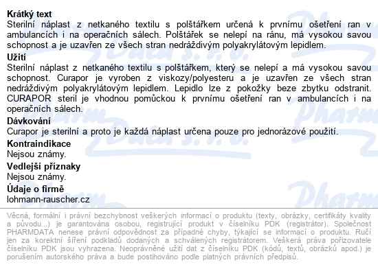 Náplast Hypoalergenní Curapor 15x10cm,s polštářkem,50ks - popis