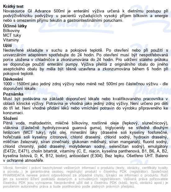 Novasource Gi Advance Neutrální perorální roztok 500ml - popis