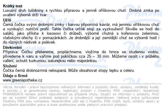 Green Apotheke čočka černá Neloupaná 300g - popis