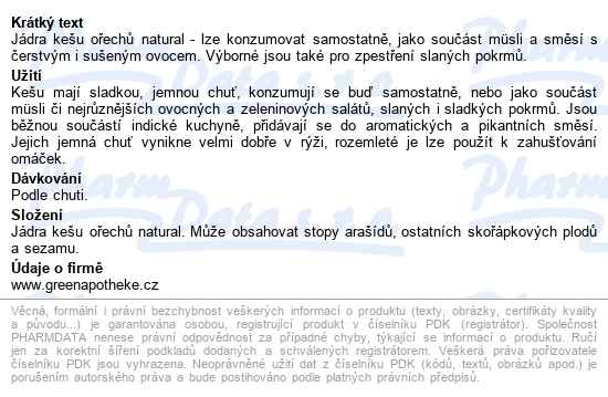 Green Apotheke Kešu Natural 75g - popis