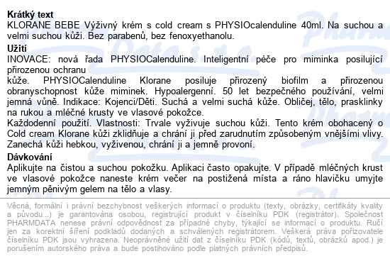 Klorane Bebe Výživný Krém Physiocalenduline 40ml - popis