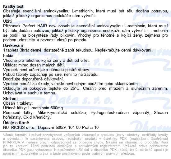 Perfect Hair New Methionin 500mg Tbl.200 + Dárek - popis