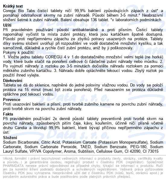 Corega Bio Tabs čisticí Tablety 136ks - popis