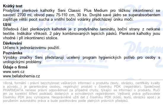 Seni Classic Plus Medium kalhotky absorpční prodyšné noční, boky 75-110cm, - popis