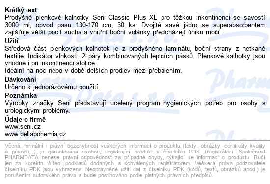 Seni Classic Plus Extra Large kalhotky absorpční prodyšné noční, boky 130-170cm, - popis