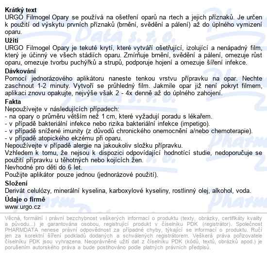 Urgo Filmogel Opary 3ml - popis
