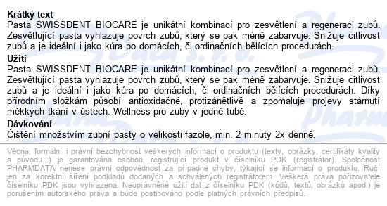 Swissdent Zubní pasta Biocare Bělicí 50ml 19088 - popis