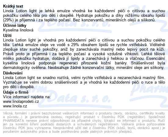 Linola Lotion Light 200ml - popis