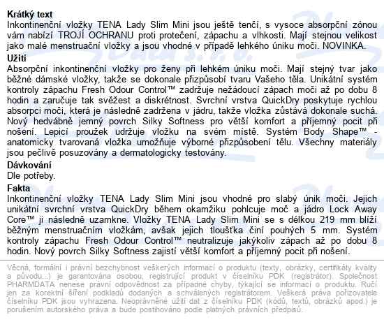 Tena Lady Slim Mini Ink.vložky 10ks 757148 - popis