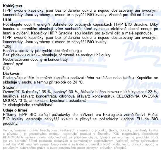 Hipp Snackie Hruška-banán-b.hrozno-oves Bio 120g - popis