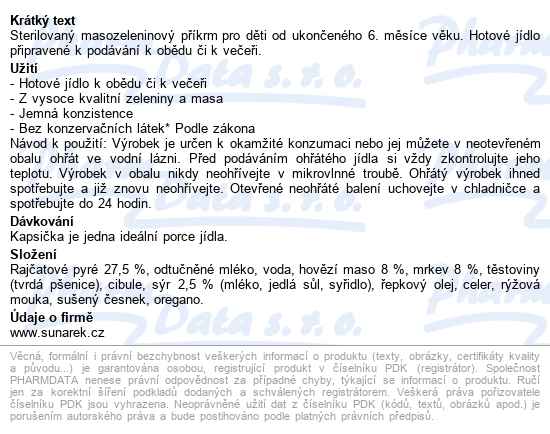 Sunar Hotové Jídlo Lasagne S Hovězím Masem 120g - popis