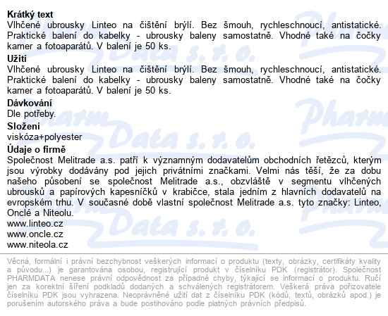 Vlhčené Ubrousky Linteo Na Brýle 50ks - popis