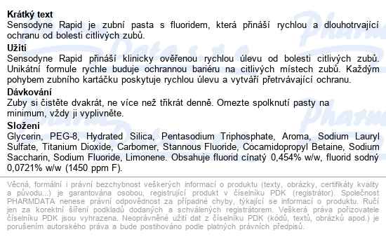 Sensodyne Rapid Zubní Pasta 75ml - popis