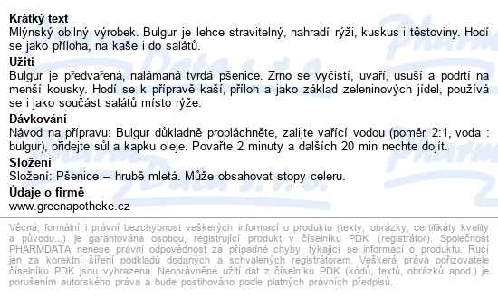 Green Apotheke Bulgur Pšeničný 500g - popis