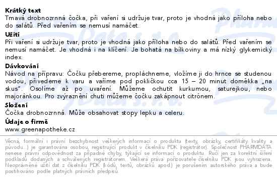 Green Apotheke Čočka zelená tmavá neloupaná 500g - popis