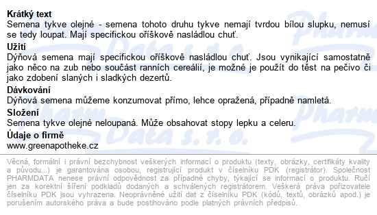 Green Apotheke Dýně Semena Neloupaná česká 100g - popis