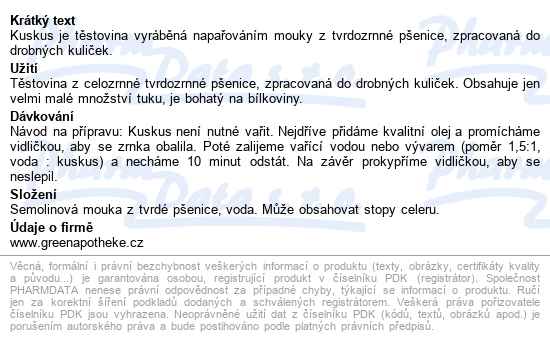 Green Apotheke Kuskus Celozrnný 500g - popis