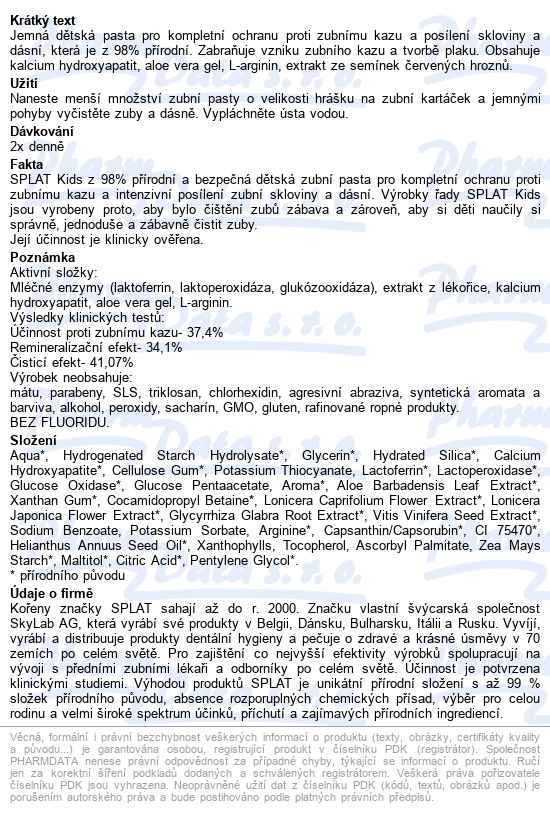 Splat Kids Dětská zubní pasta 2-6let Jahoda-třešeň 50ml - popis