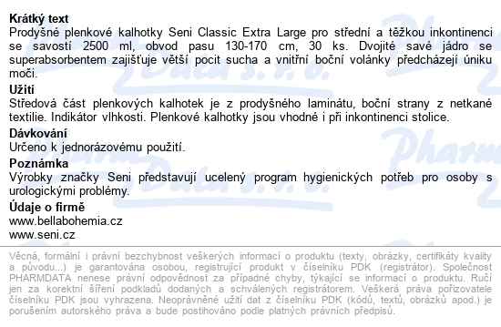 Seni Classic Extra Large kalhotky absorpční prodyšné denní, boky 130-170cm, - popis