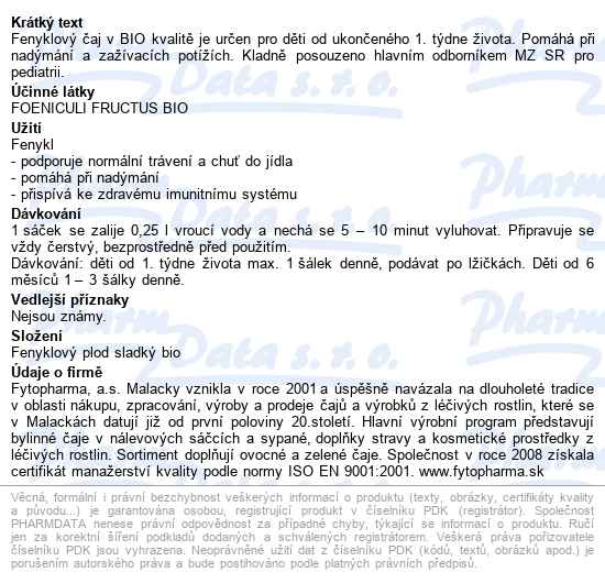 Dětský Bio čaj Fenykl 20x1.5g Fytopharma - popis