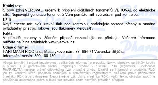 Tonometr Digi Veroval -síťový Adaptér - popis
